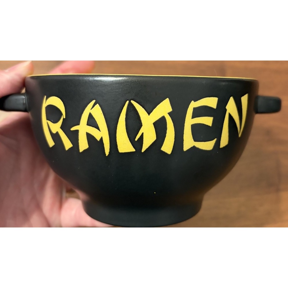 World Market Ramen Noodle Bowl Black Matte Ceramic Yellow Interior with Handles